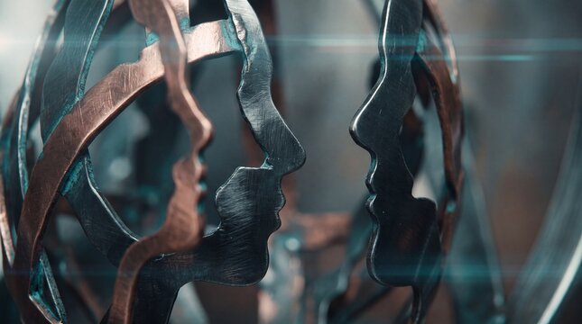 visual art techniques, a fragmented portrait silhouette in cool teal, featuring copper and graphite textures