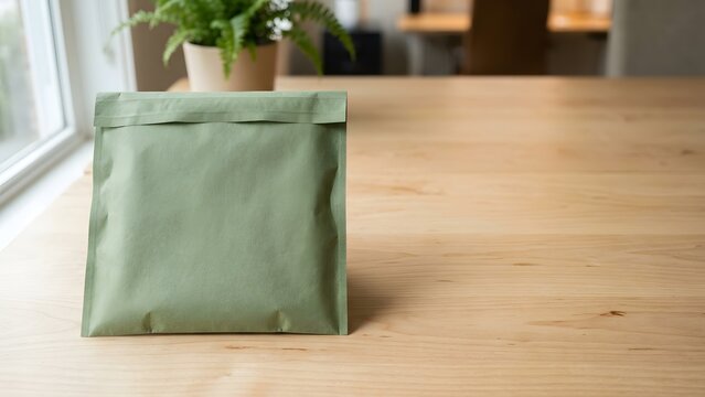 Green paper lunch bag and plant on a wooden table, soft focus background