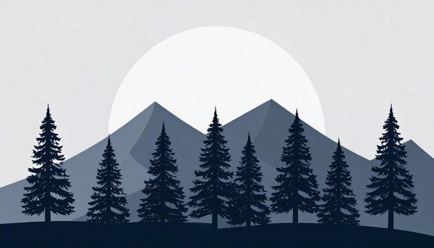 Minimalist mountain landscape with trees and large sun.