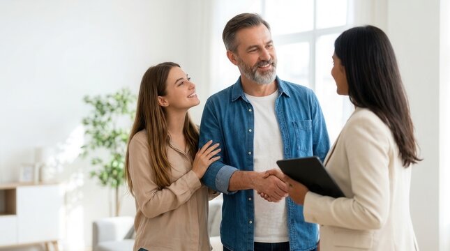 A positive couple of property buyers laughing and shaking hands with a female Indian realtor while thanking their mortgage broker.