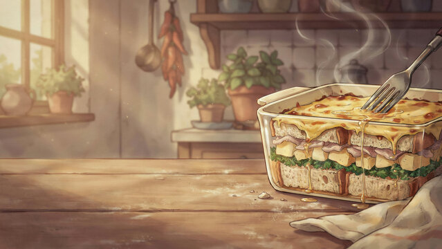 A national dish of Italian cuisine. 
Zuppa Gallurese is a soup‑casserole made from stale bread and sheep&rsquo;s cheese, poured with meat broth and baked in the oven. Photo with space for text. 