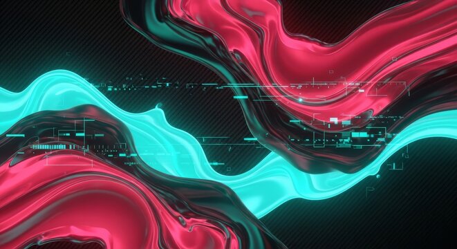 Vibrant ruby red and neon turquoise fluid forms blend over a dark carbon fiber texture with sharp edges and abstract digital data segments, design, ruby red, sleek