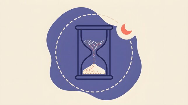 Line art hourglass with falling sand grains and crescent moon icon