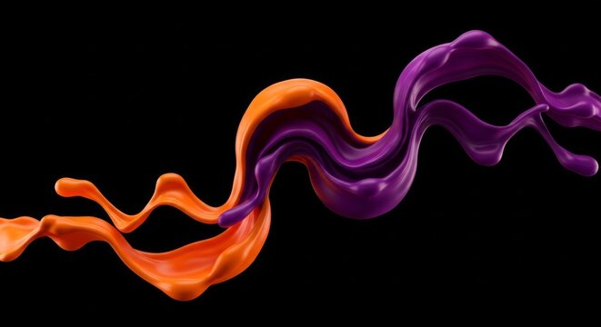 Vibrant swirls of neon orange and deep purple fluid flow across a dark midnight canvas with sweeping motion and abstract script textures, energy, purple, ink