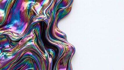 Fototapeta premium Iridescent flowing liquid with swirling vibrant colors and reflective surface on white background