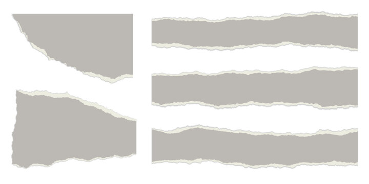 Ripped paper strips and torn sheet elements. Vector collection of white note fragments, ragged edges, realistic textures for banners, labels, and creative collage designs.