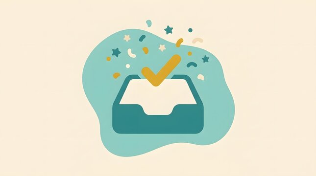 Inbox zero empty mail tray with check mark and falling confetti stars