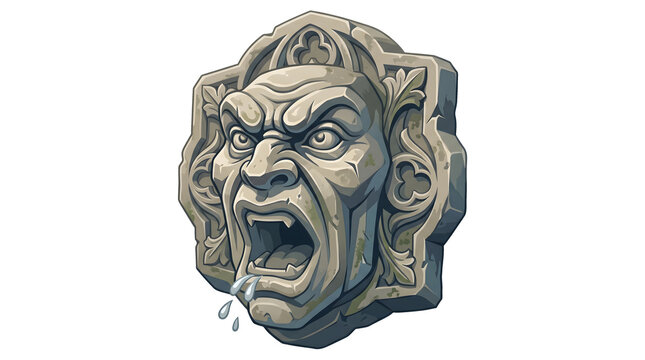 Stone gargoyle face carving with open mouth and water droplets for gothic architectural decoration.