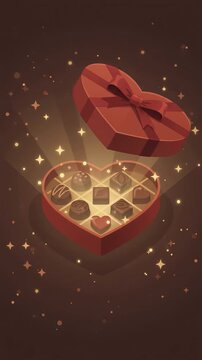 Romantic heart shaped chocolate gift box opening animation, ai generated