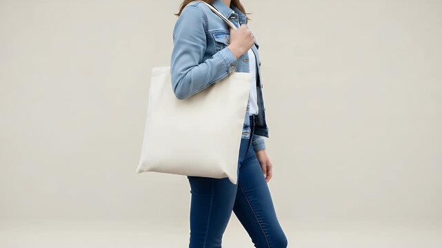 Woman holding a plain white cotton tote bag while wearing a denim jacket and blue jeans to showcase a minimalist fashion accessory in a professional studio setting today.