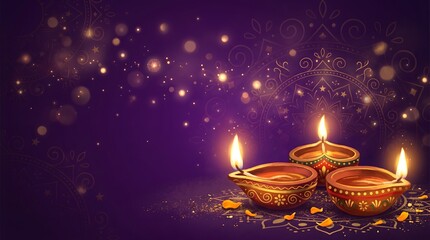 Naklejka premium Beautiful glowing oil lamps on a dark purple background celebrating the traditional happy diwali festival of lights event