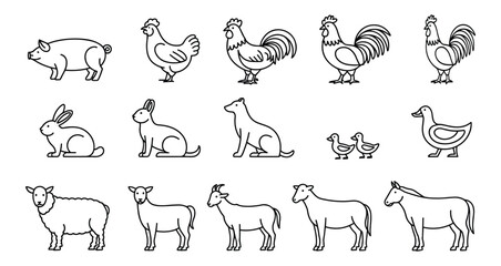 Obraz premium Farm Animal Collection: A charming collection of line art illustrations featuring common farm animals, including a pig, chicken, rooster, hen, rabbit, dog, ducklings, duck, sheep, goat, and horse.