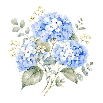 Delicate blue hydrangea flowers with green leaves and small yellow accents arranged in a seamless pattern creating a fresh and elegant floral design for spring and summer decoration.