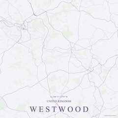 Fototapeta premium Soft lavender street map of Westwood, United Kingdom, detailing local roads, countryside topography, and geographic coordinates.