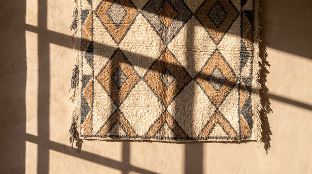 Traditional Moroccan Berber rug hanging on beige plaster wall with sunlight and window shadow