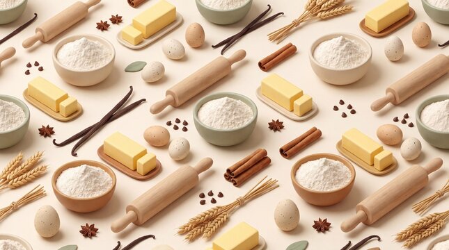 3D Baking Ingredients and Pastry Tools Seamless Kitchen Pattern