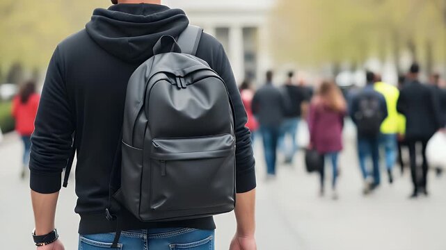 A person with a black backpack walks through a crowd of people on a street, with trees and buildings in the background