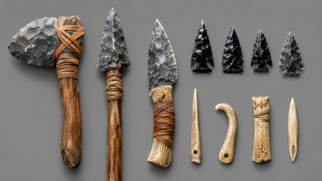 Collection of ancient tools displayed on gray background
