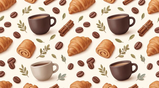 3D Coffee and Croissant Seamless Cafe Food Pattern