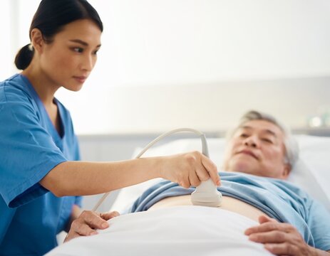 Female sonographer pressing an ultrasound probe on the abdomen of a male patient