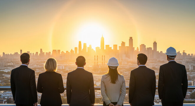 Business group looking towards setting sun over city perfect for visionary company leadership corporate strategy and collaborative success