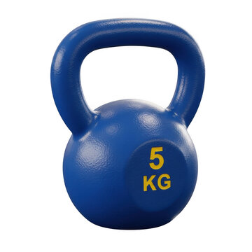 Blue five kilogram kettlebell for fitness training isolated on transparent background