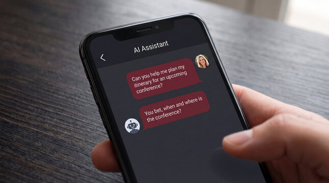 Hand holding a smartphone displaying an AI assistant chat about planning a conference itinerary on a dark wooden table
