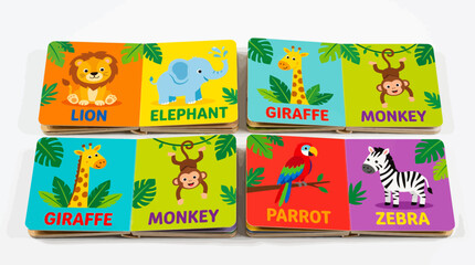 Fototapeta premium Bright Jungle Animal Storybook for Children Featuring Cute Lion Elephant Giraffe Monkey Parrot and Zebra with English Names, Vector Design
