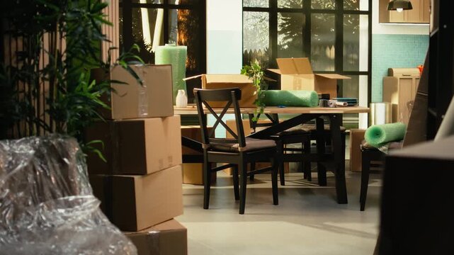 Empty house interior with packed items and cardboard boxes