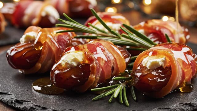 Bacon-wrapped dates stuffed with goat cheese and drizzled with honey, garnished with fresh rosemary