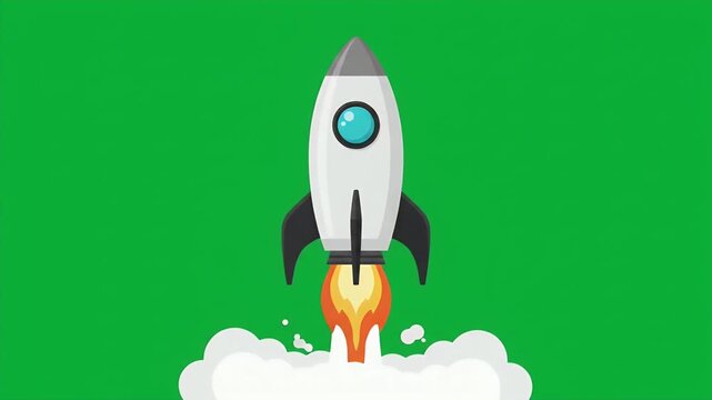 Cartoon rocket launch with smoke and flame on green background