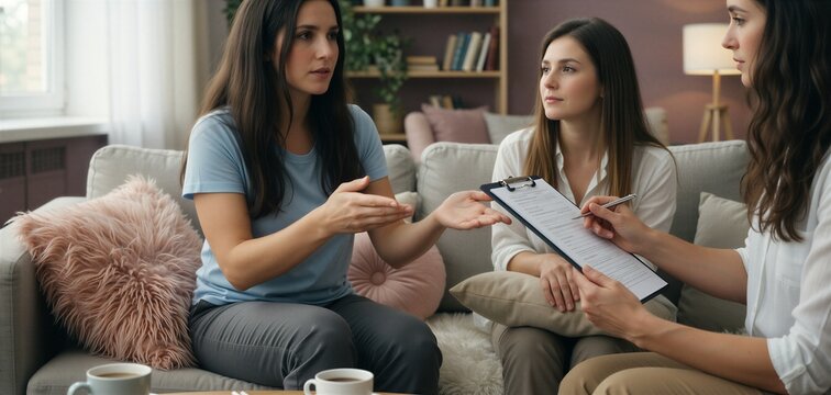 Therapy session showing a client and therapist discussing mental health in a warm, supportive setting.