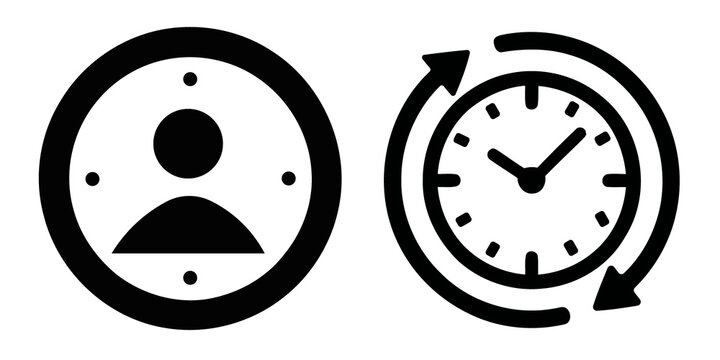 Black and white vector icons representing user profile management and recurring time or schedule settings for digital interfaces