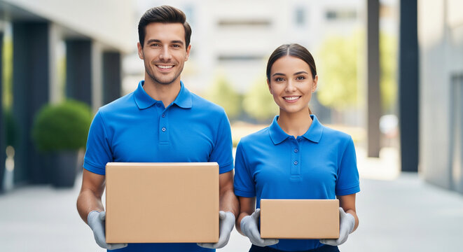 Friendly couple of delivery workers in blue polo shirts holding cardboard boxes outside perfectly showcasing modern reliable transport parcel services