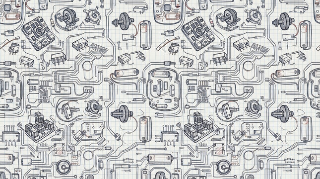 Seamless pattern computer mouse internal components optical sensors scroll wheels switches circuit lines repeating technical doodle style vector graphics blueprint background wallpaper