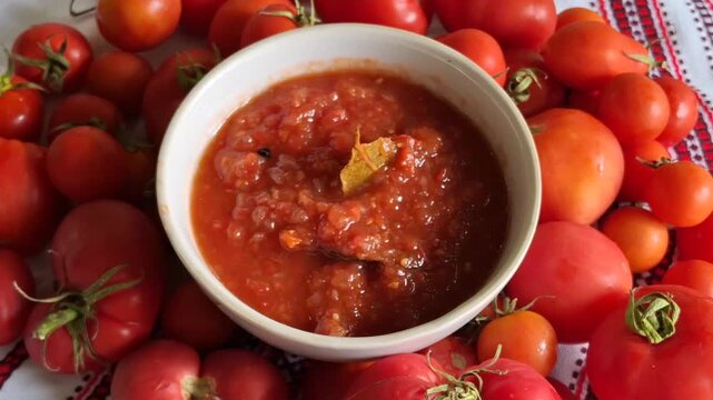 Homemade sauce made from homegrown tomatoes, served in a deep, round bowl and surrounded by tomatoes