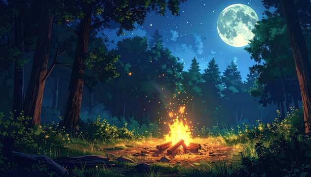 Campfire burning in dark forest under full moon.