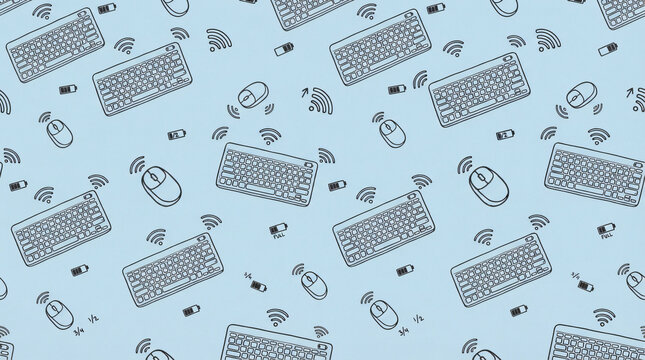 Seamless pattern wireless computer peripherals slim portable keyboards pocket travel mice radio waves repeating outline doodle style vector graphics pastel blue background wallpaper