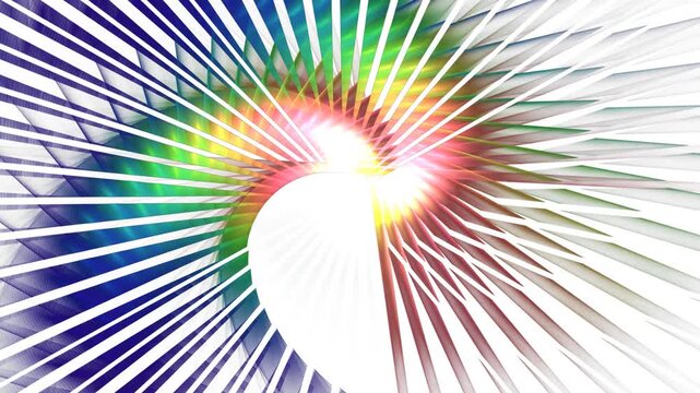 Curved combination of distorted lines rhytmical revolving and forming fibonacci spirals. Spectrum abstract background transformation with spin. Fractal swirl, whirlwind whirling. 4K UHD 4096x2304