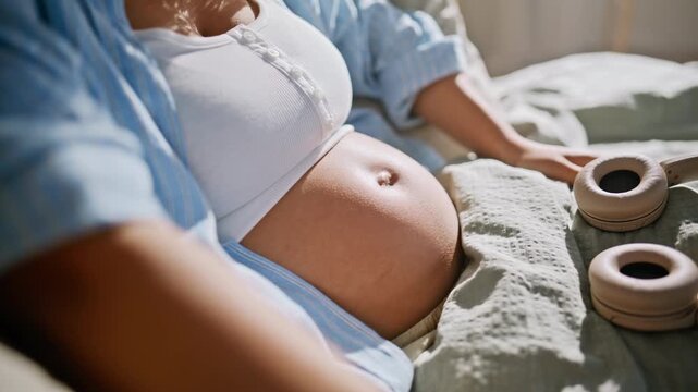 Closeup headphones pregnant belly bed. African woman playing music unborn baby.