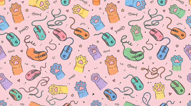 Seamless pattern funny cat paws computer mice cute gaming mouse wire tails fluffy pet paws fishbones repeating playful doodle style vector graphics light pink background wallpaper