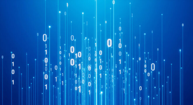 Glowing futuristic blue matrix streams of binary digits falling downward perfect for big data tech visual coding programs and advanced cyber communication