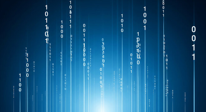 Abstract blue digital technology matrix featuring cascading binary codes perfect for depicting advanced futuristic cyber data processing and computer networks