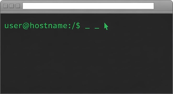 Terminal window illustration showing a command line interface with a green prompt and blinking cursor, ideal for coding, cybersecurity, and server management concepts.