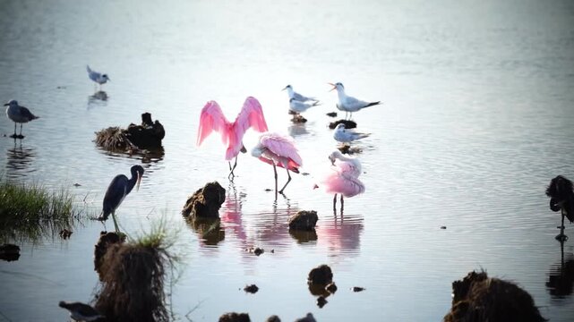 Group of Roseate Spoonbills standing and moving through shallow wetland water alongside other wading birds. Vertical wildlife footage showing natural bird behavior in a coastal marsh habitat.