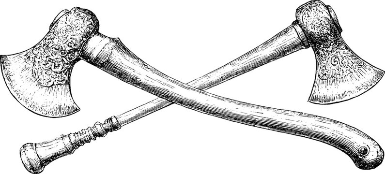 Antique engraved crossed axes isolated on white background for vintage poster and background design