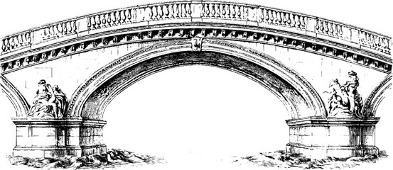 Fototapeta premium Antique engraved stone bridge with double arches sculptural figures and detailed masonry illustration for historic architecture background and restoration design