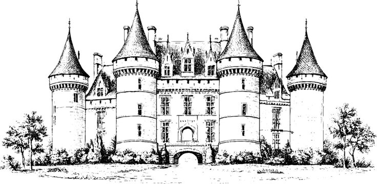 Antique engraved castle illustration isolated on white background for historical poster, background and architectural design showing medieval fortress towers and turrets