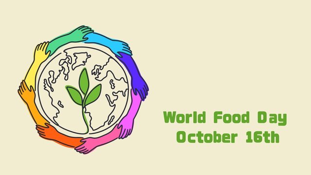 World Food Day October 16th design with multiethnic hands around globe holding plant sprout, global food security and unity background