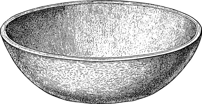 Antique engraving of a simple crucible bowl isolated on white background for design background and historical reference